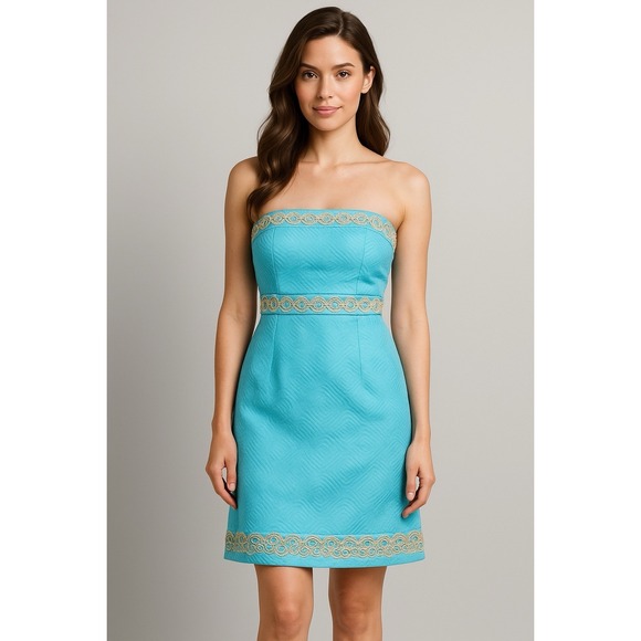 Lilly Pulitzer Betsey Jacquard Strapless Aqua Blue Dress 8 Gold Trim - Picture 1 of 10